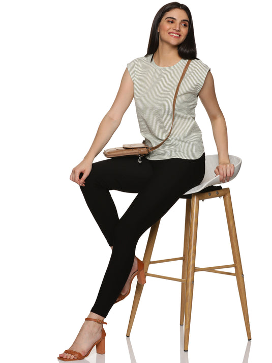 An aesthetic image of Cotton Drop Shoulder vertical striped Top, womens workwear