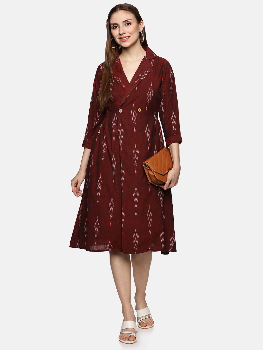 Shirt Collar A-Line Dress- Maroon