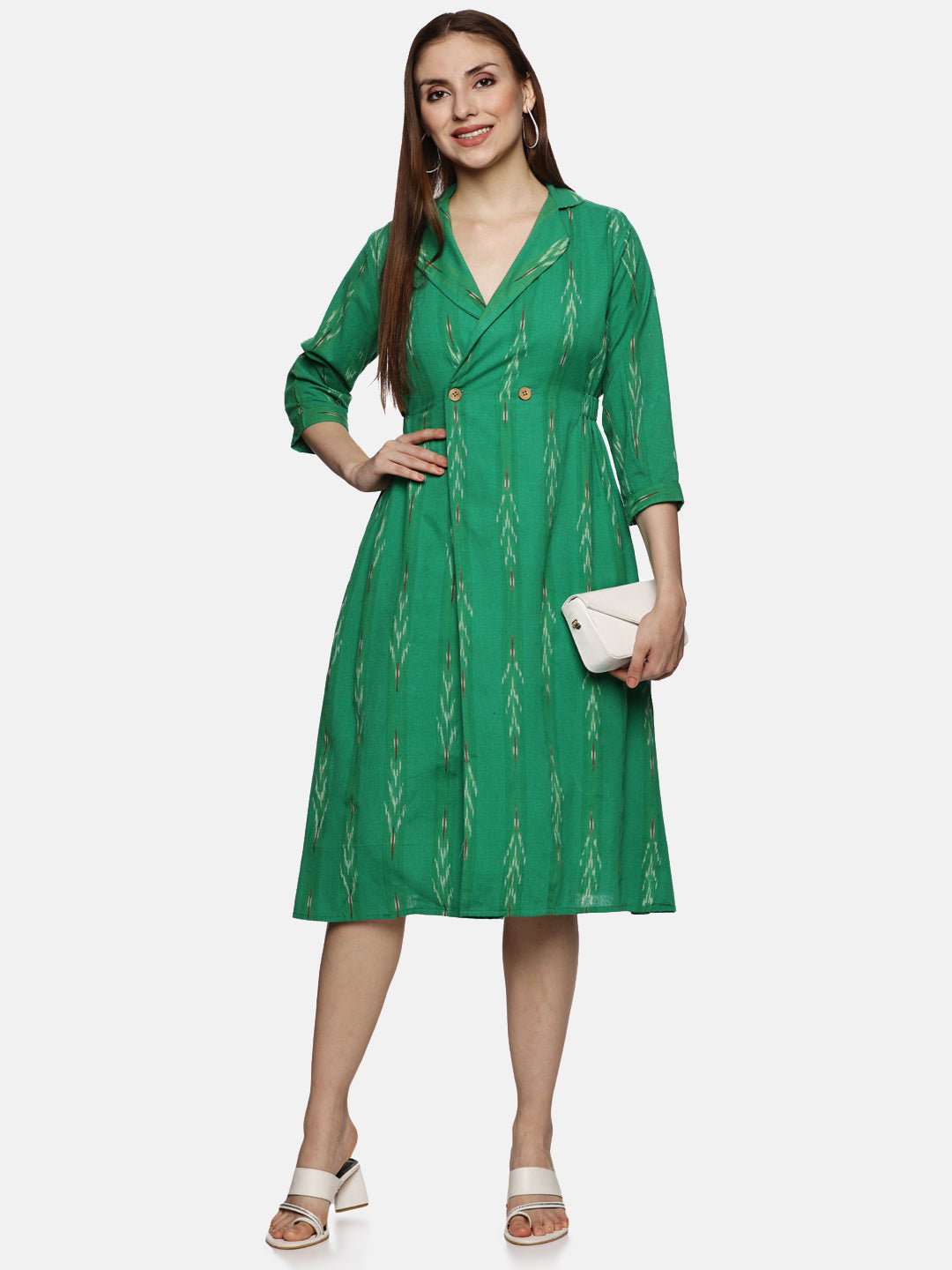Shirt Collar A-Line Dress-Green
