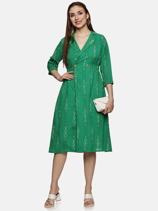 Shirt Collar A-Line Dress-Green