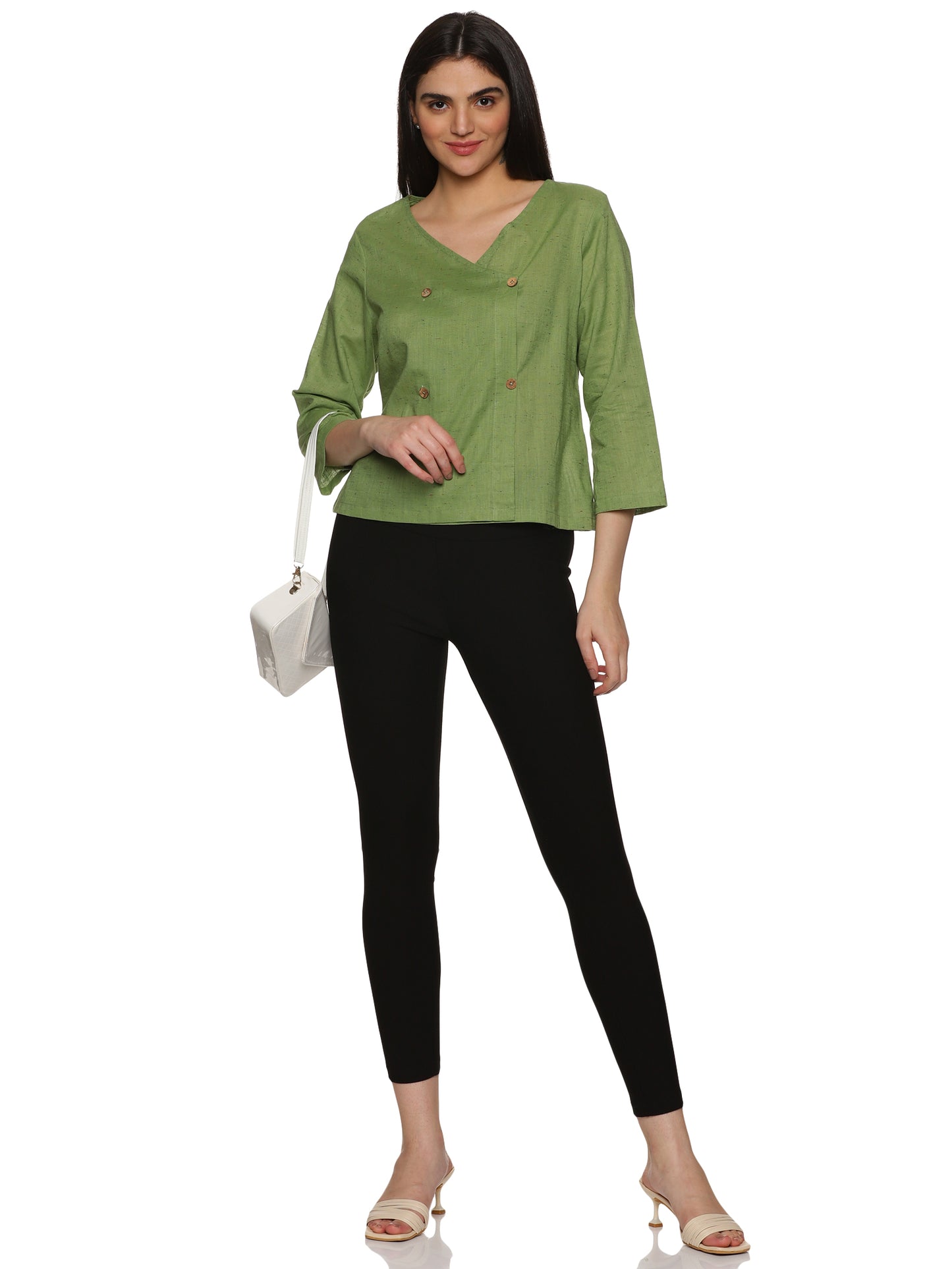 A full length view of lady in Green Asymmetric Neck Side Button Top, womens workwear 