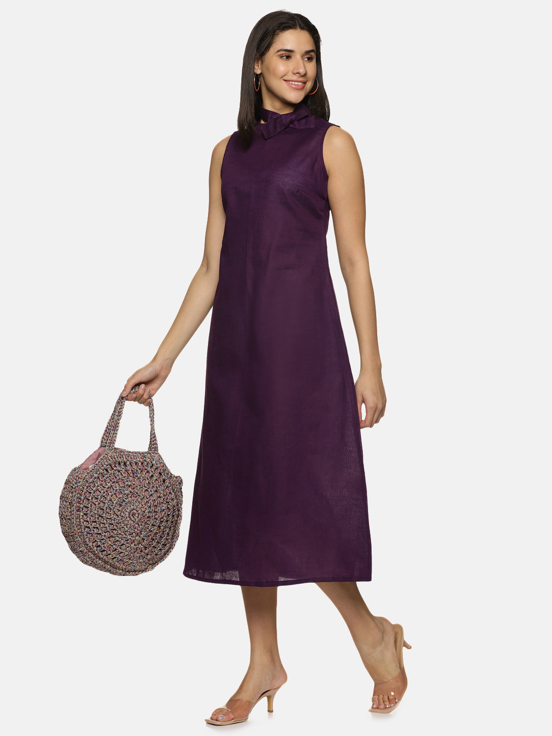 Linen Cotton Simple Sleeveless Straight cut purple Dress
