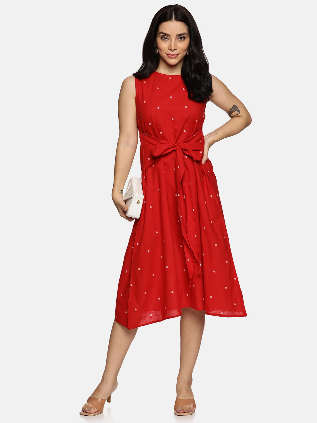Polka Dot Handwoven A-Line Dress-Red
