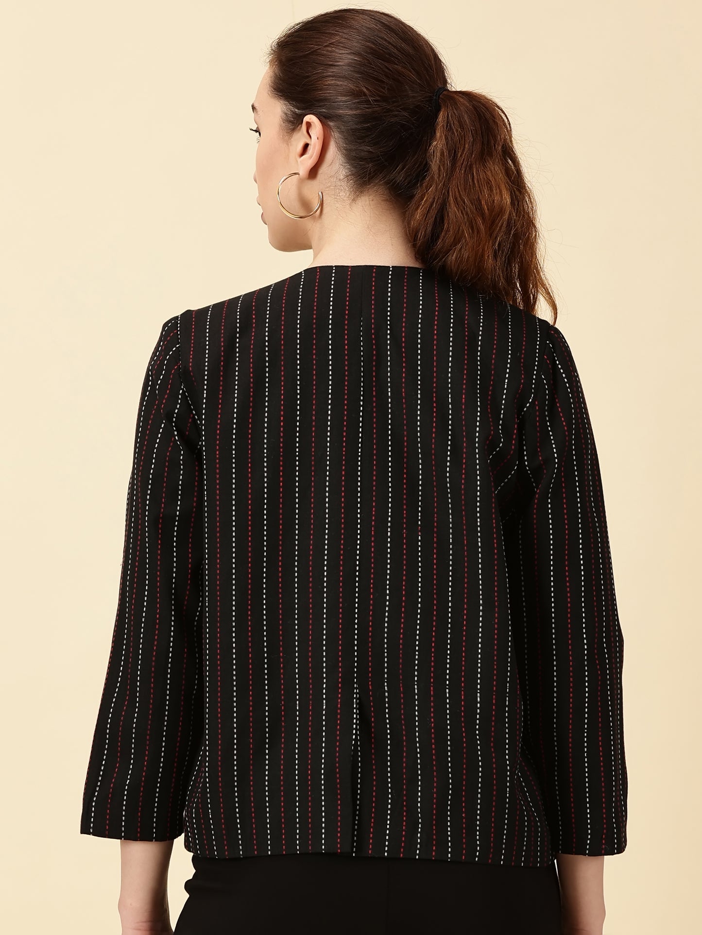 Handwoven Open Front Blazer – Red & Green Border Detail Heritage Weave. Bold Vibes.