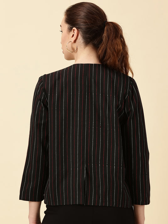 Handwoven Open Front Blazer – Red & Green Border Detail Heritage Weave. Bold Vibes.