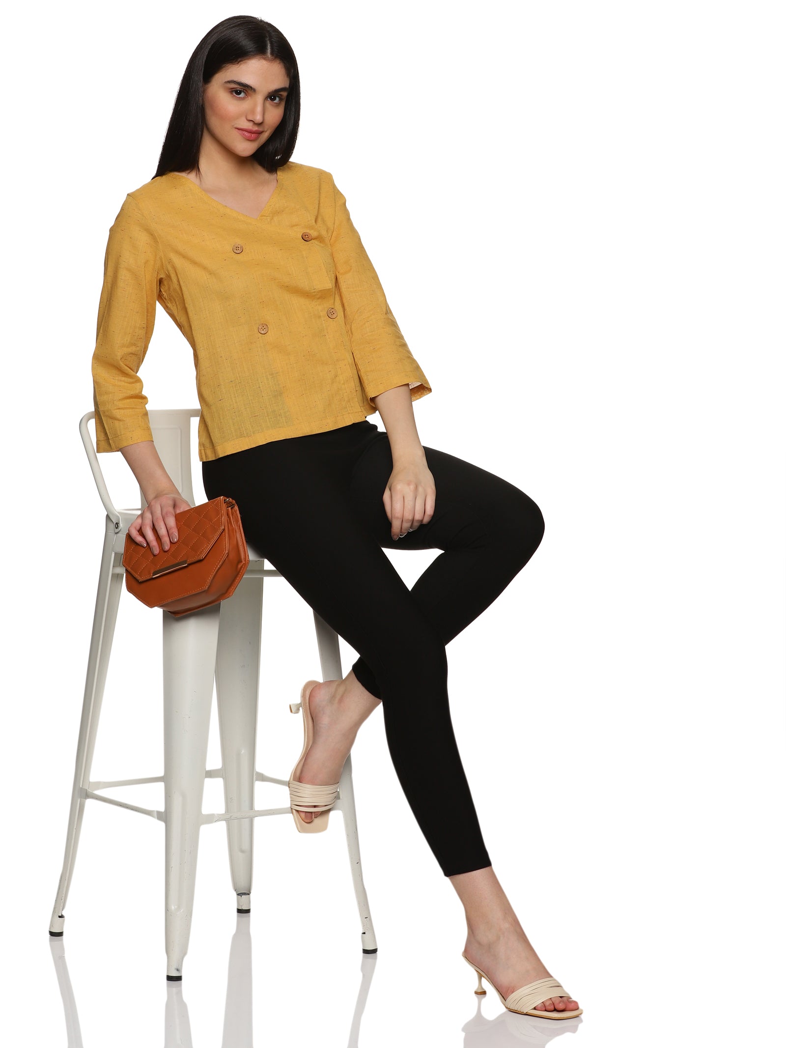 A zoomed in view of lady in Mustard Asymmetric Neck Side Button Top, womens workwear 
