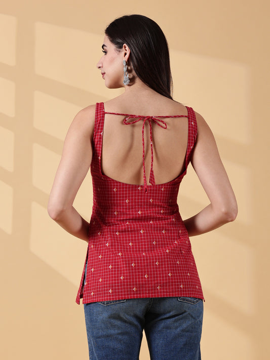 Kiyara Deep U-Back Cotton Kurti -RED