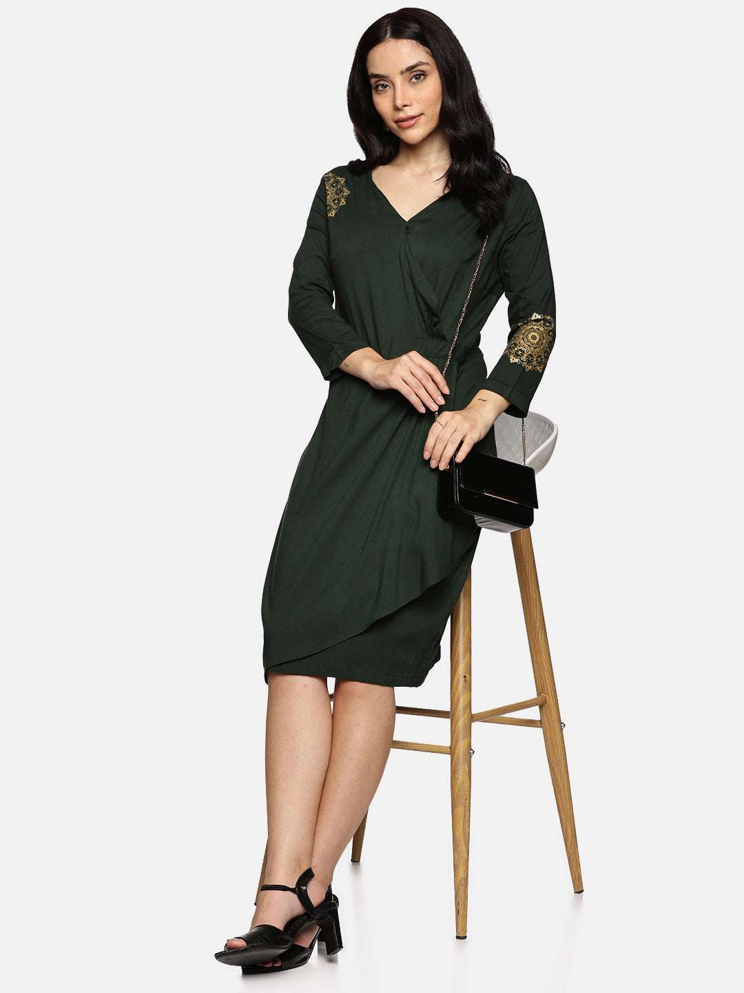 Cotton Lycra Wrap Dress-Olive Green