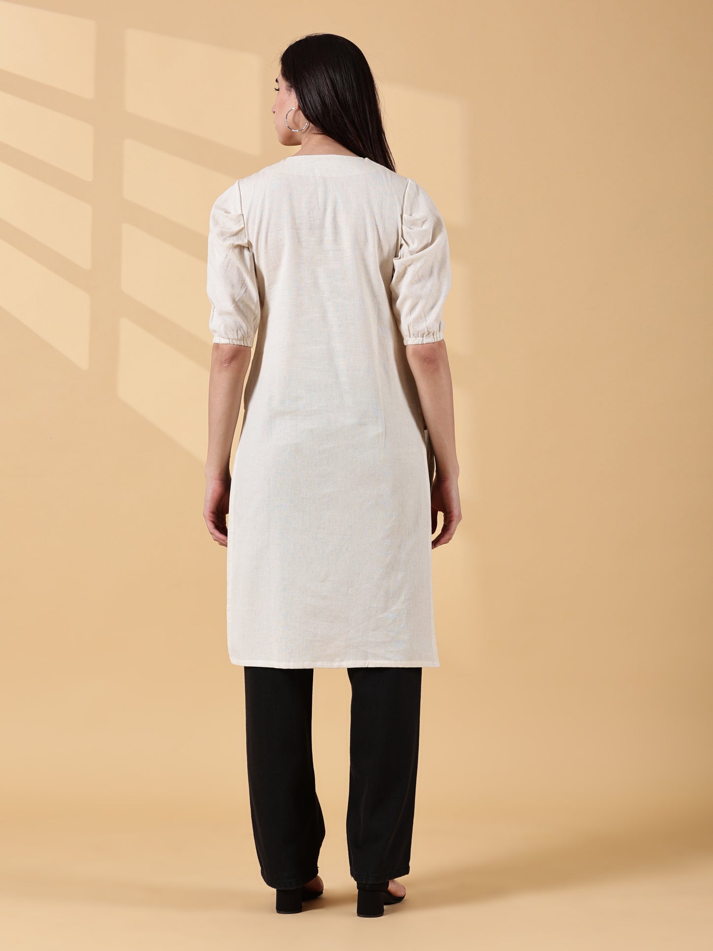 Indyvarna Anvi Cotton Embroidered Kurta- Ivory Bloom