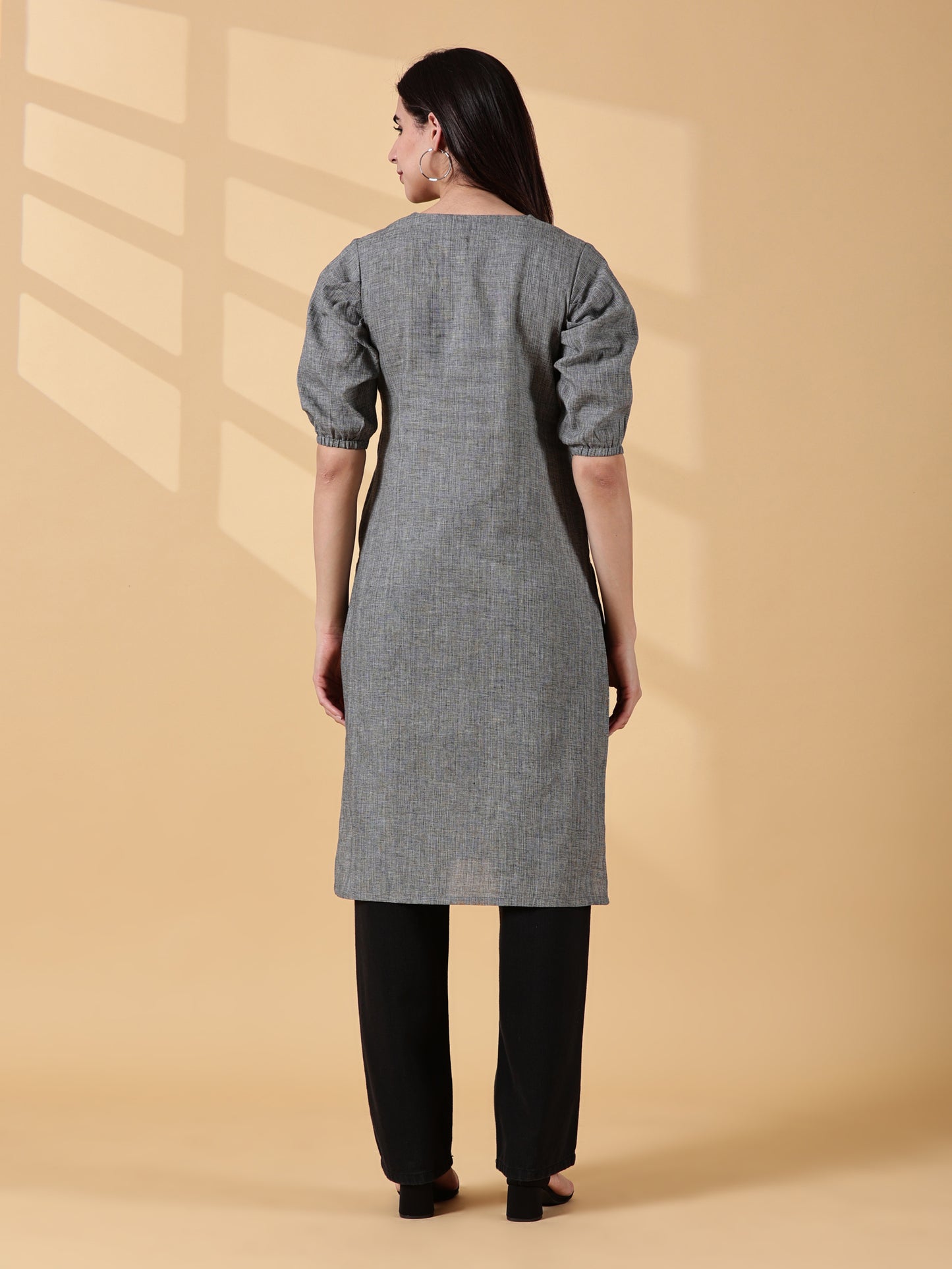 Indyvarna Anvi Cotton Embroidered Kurta – Slate Grey Bloom