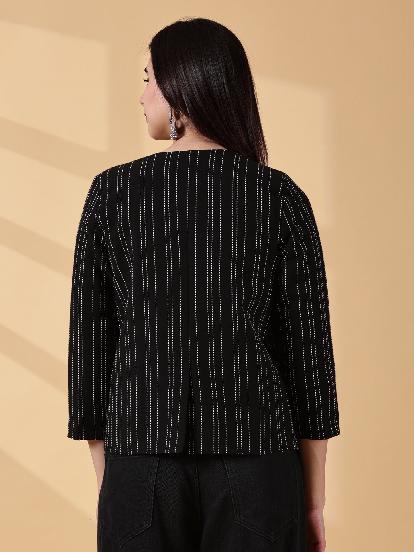 Midnight Classic Black Stripes-Open-Front Blazer-Handwoven Cotton  – Rekha Edit