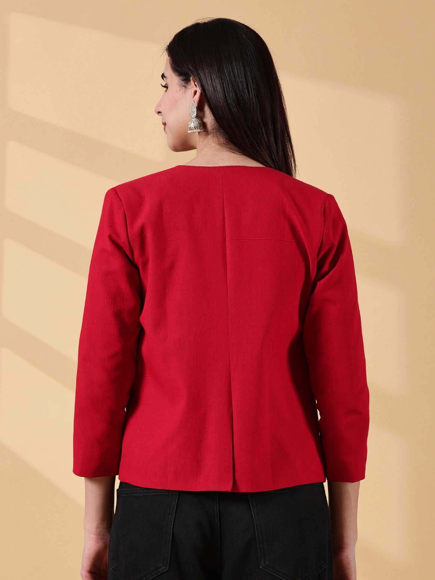 Festive Red Handwoven Cotton Open-Front Blazer – Rekha Edition