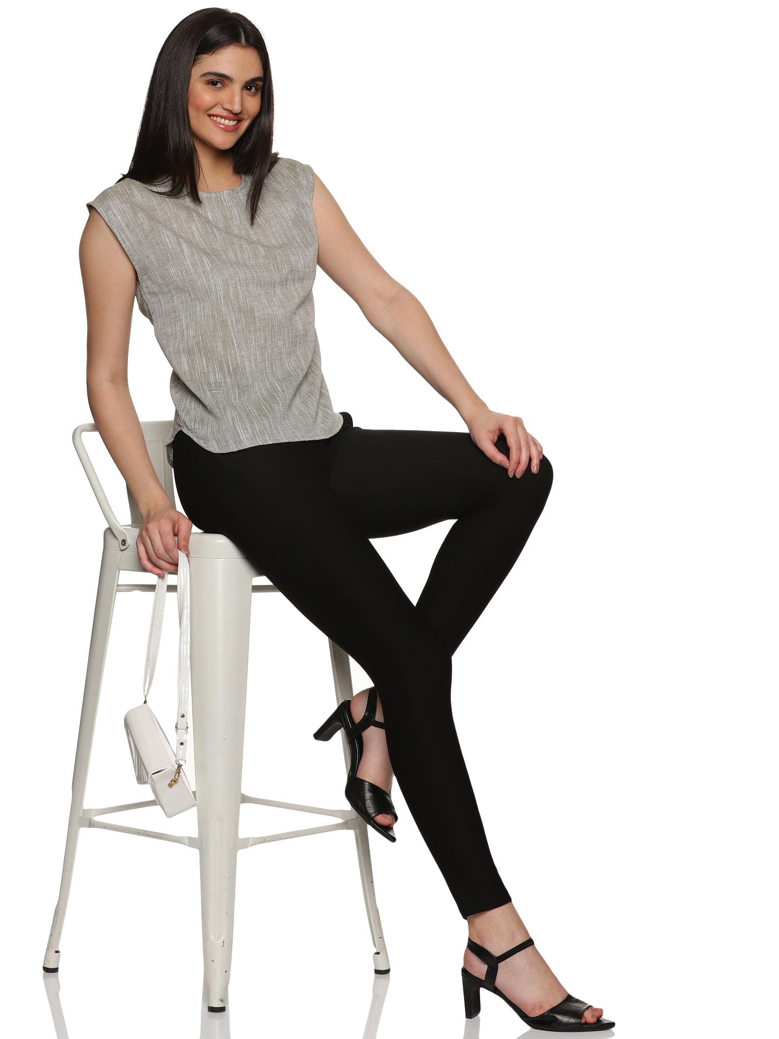An aesthetic image of lady in Cotton Drop Shoulder Khadi Grey Top, womens workwear