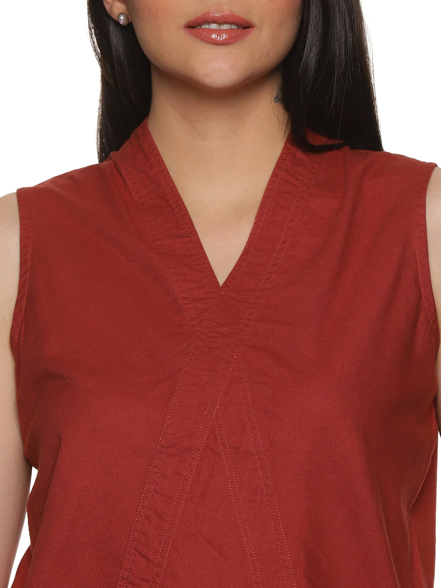 A zoomed in view of lady in Linen Cotton Sleeveless Top - Rust Orange, womens workwear 