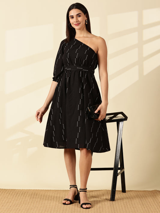 Selene One-Shoulder Black Midi Dress