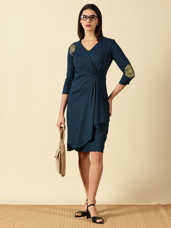 Teal Mandala Drape Business Dress