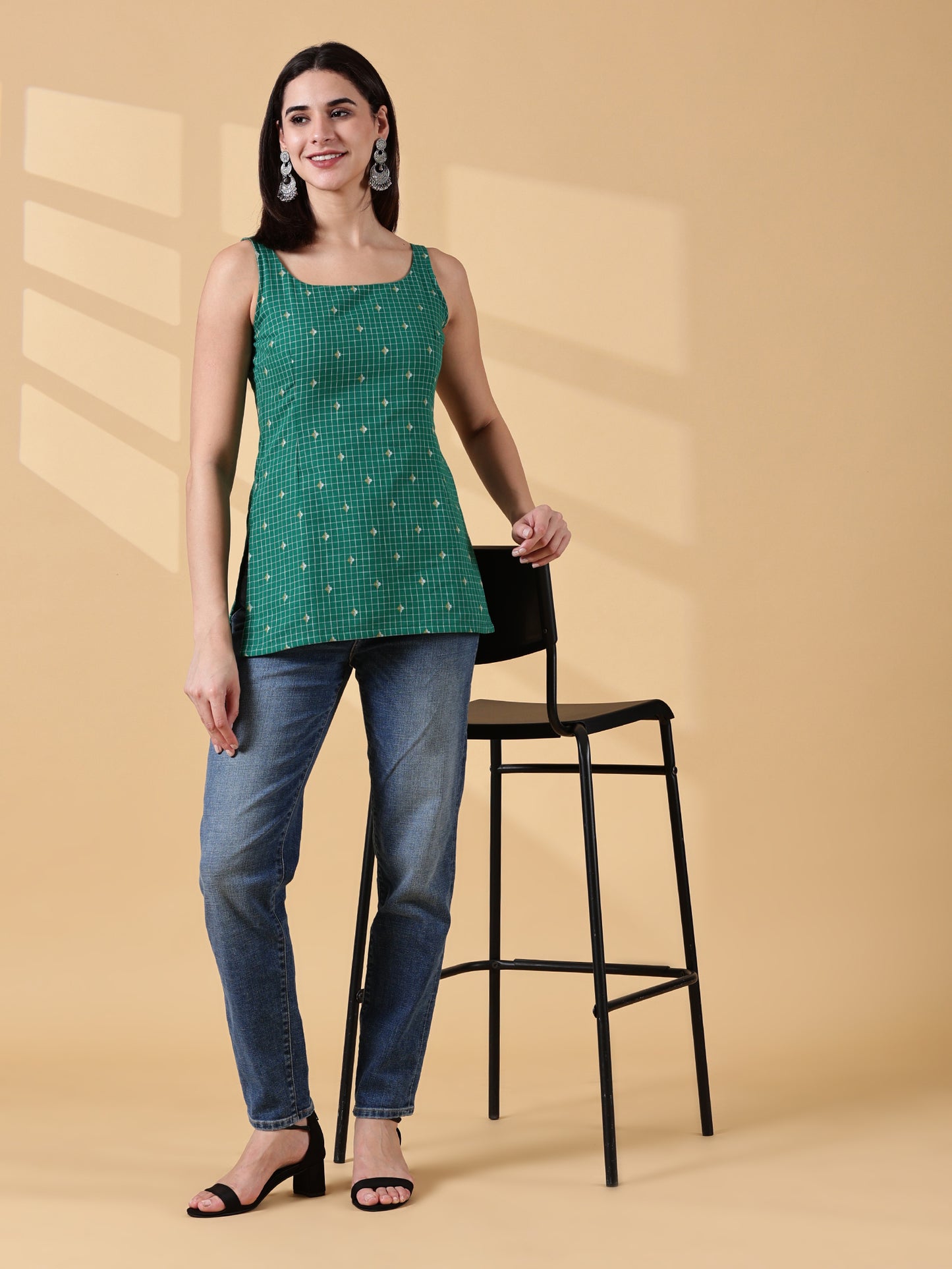 Kiyara Deep U-Back Cotton Kurti -GREEN