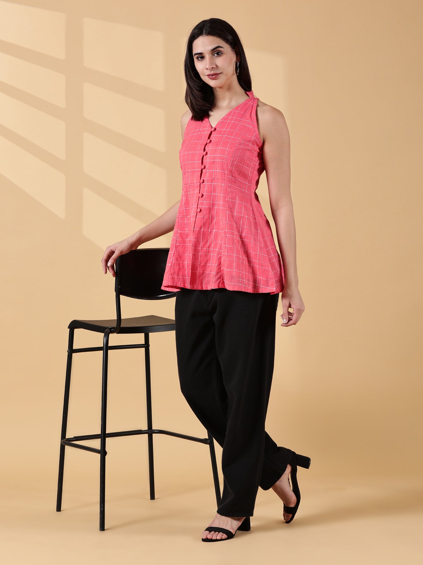 Indyvarna Anagha Halter Cotton Tunic – Coral Grid