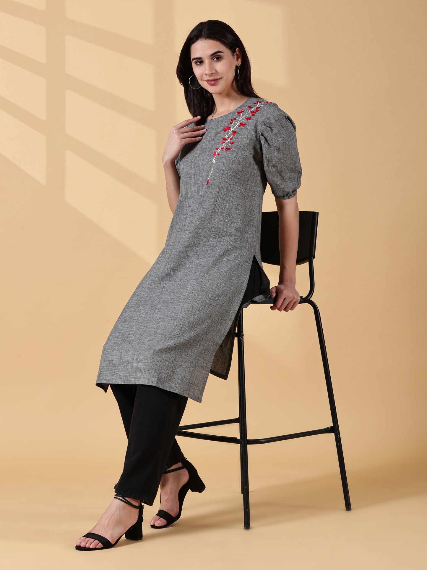 Indyvarna Anvi Cotton Embroidered Kurta – Slate Grey Bloom