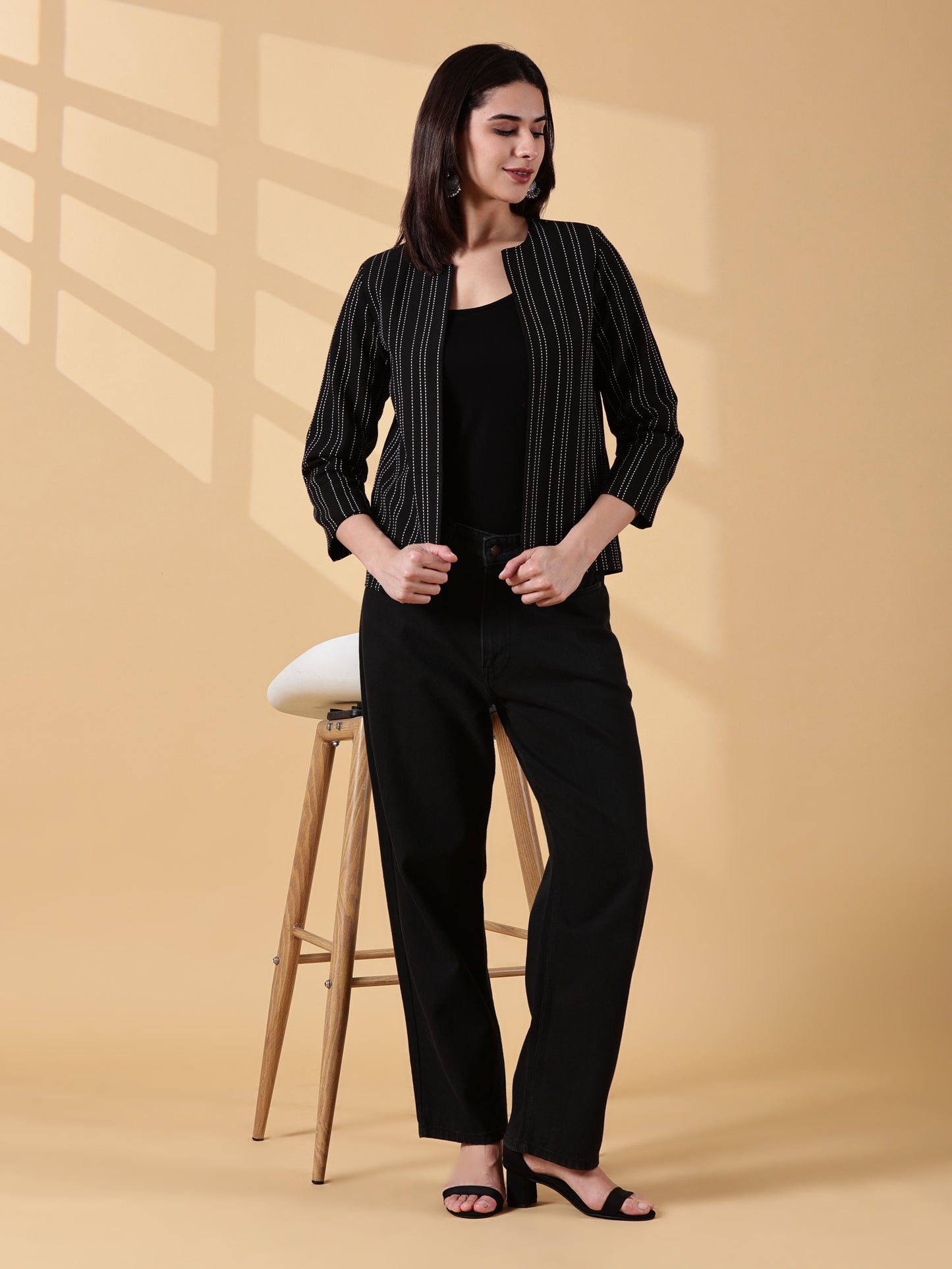 Midnight Classic Black Stripes-Open-Front Blazer-Handwoven Cotton  – Rekha Edit