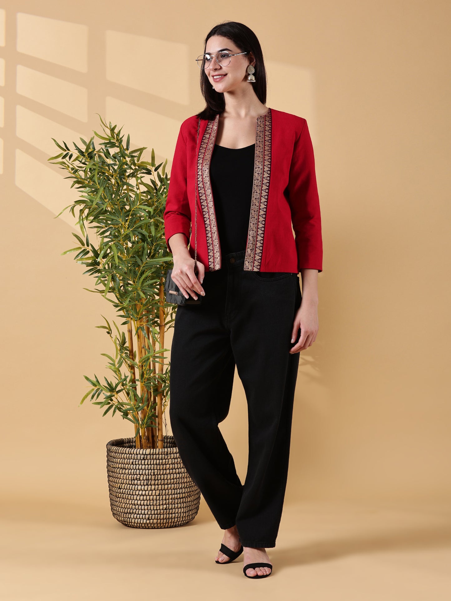 Festive Red Handwoven Cotton Open-Front Blazer – Rekha Edition