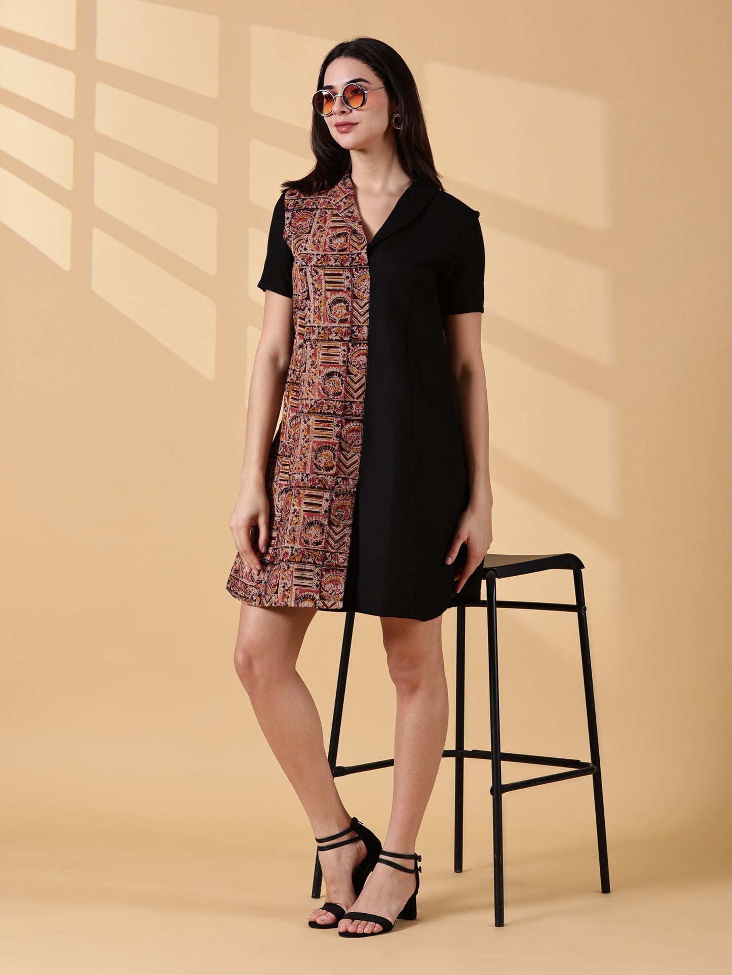 Kaya Half & Half Cotton Work Dress – Kalamkari & Black
