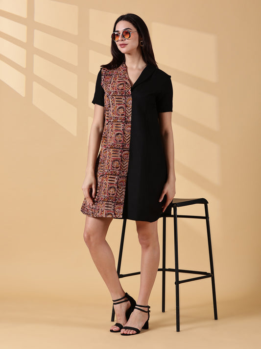 Kaya Half & Half Cotton Work Dress – Kalamkari & Black