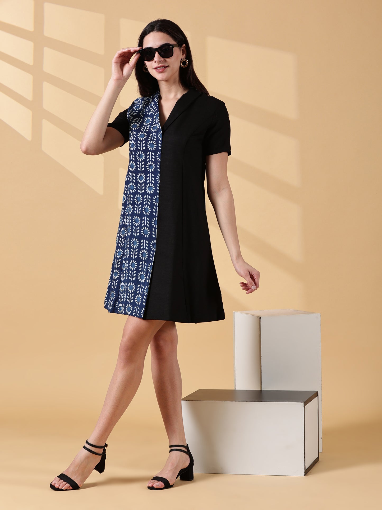 Kaya Half & Half Indigo Cotton Work Dress – Indigo & Black