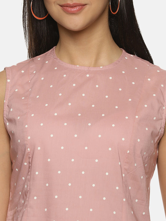 Pink polka dot Cotton sleeveless knee length Sheath Dress
