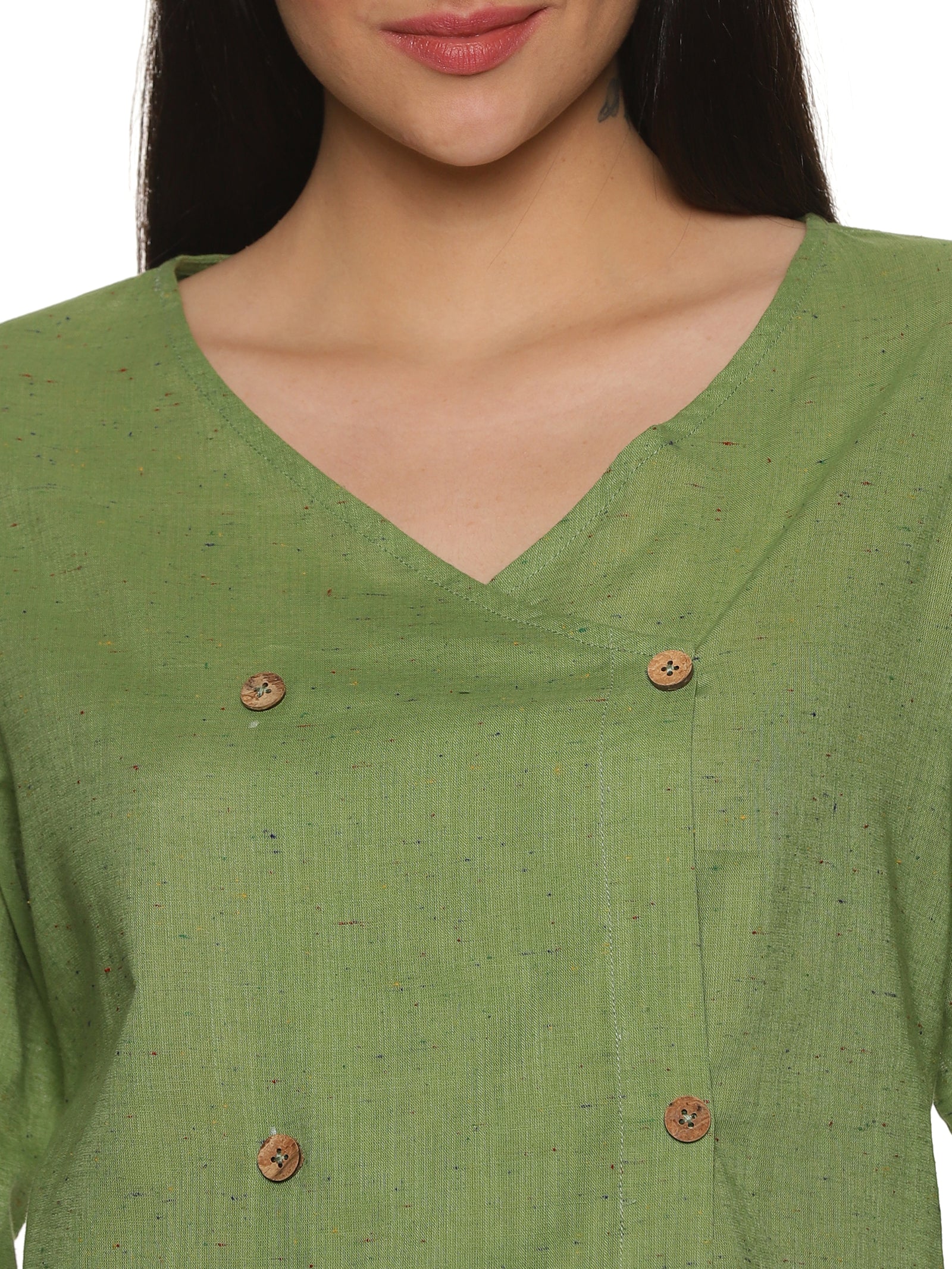 A zoomed in view of lady in Green Asymmetric Neck Side Button Top, womens workwear