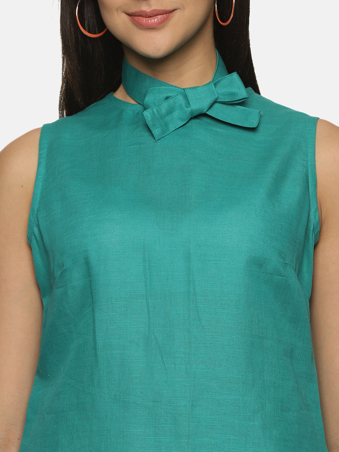 Linen Cotton Simple Sleeveless Straight cut Teal Dress