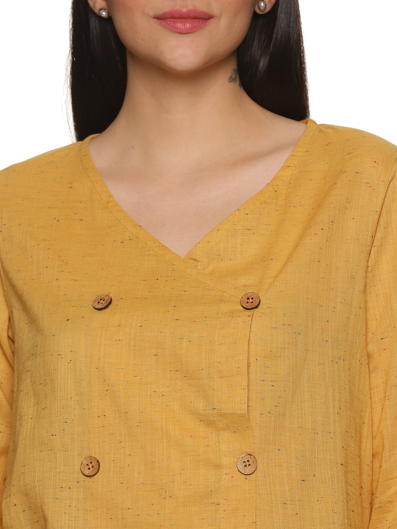 An aesthetic image of lady in Mustard Asymmetric Neck Side Button Top, womens workwear 