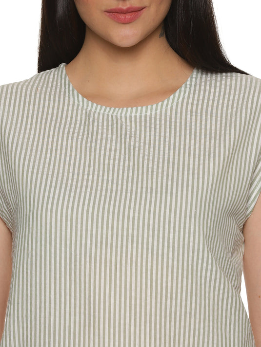 A zoomed in view of lady in Cotton Drop Shoulder vertical striped Top, womens workwear 