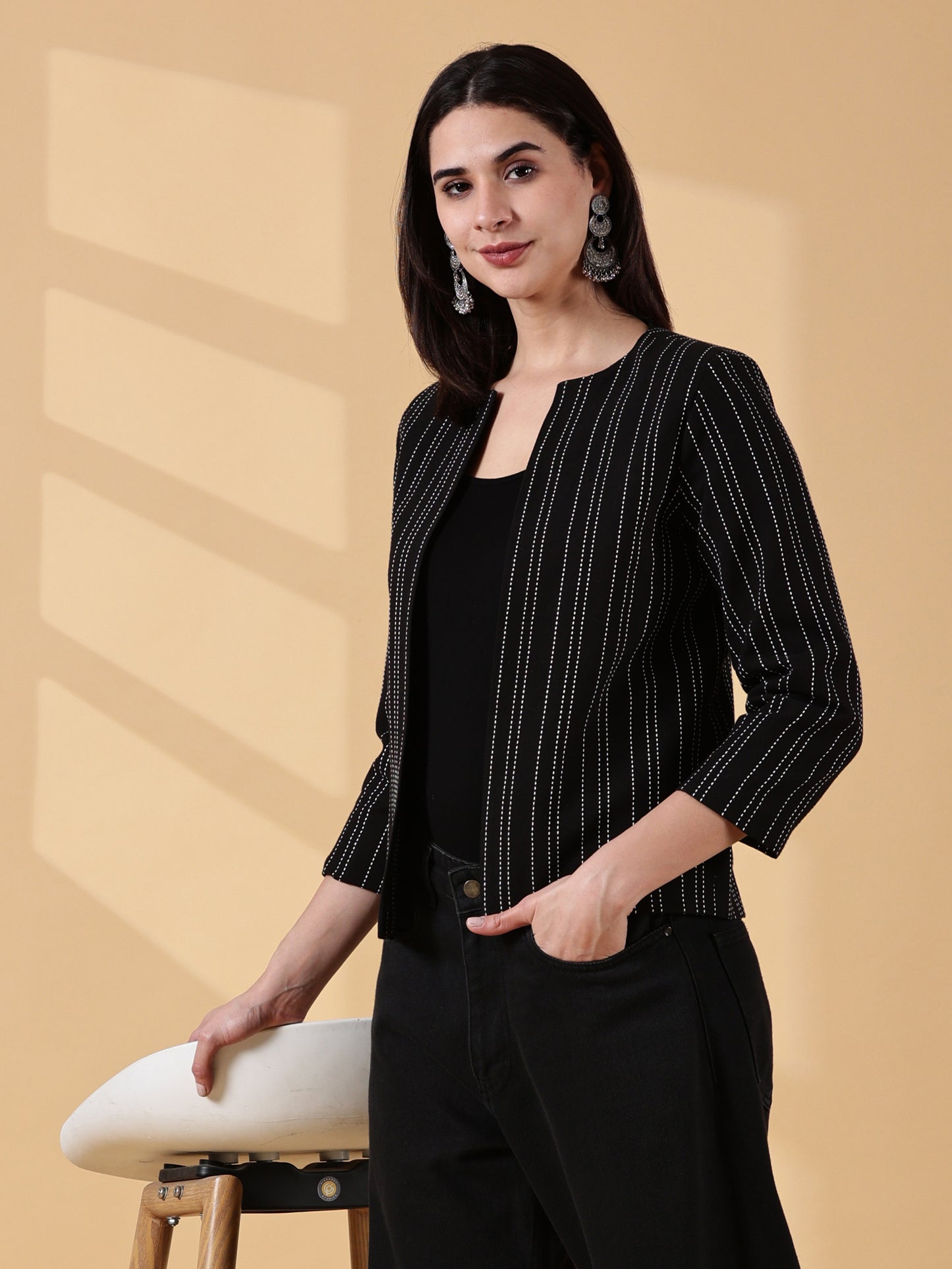Midnight Classic Black Stripes-Open-Front Blazer-Handwoven Cotton  – Rekha Edit