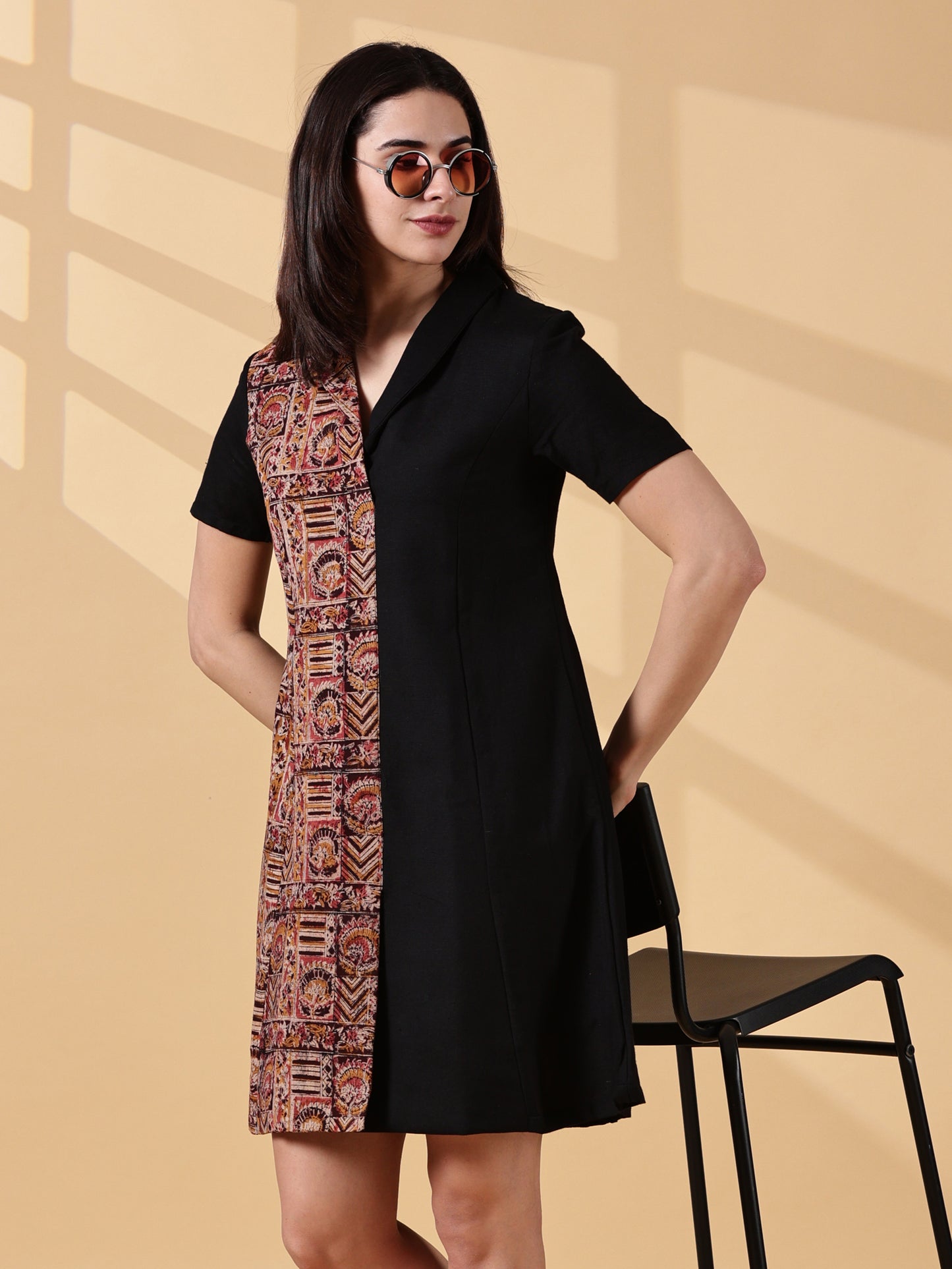 Kaya Half & Half Cotton Work Dress – Kalamkari & Black