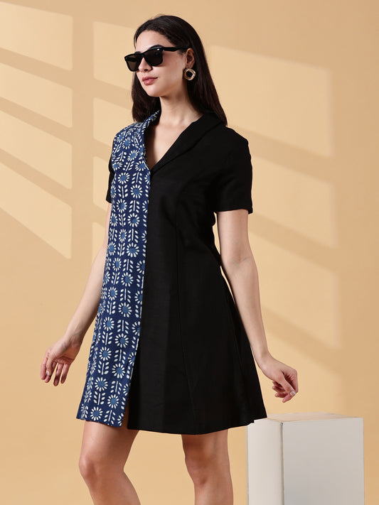 Kaya Half & Half Indigo Cotton Work Dress – Indigo & Black