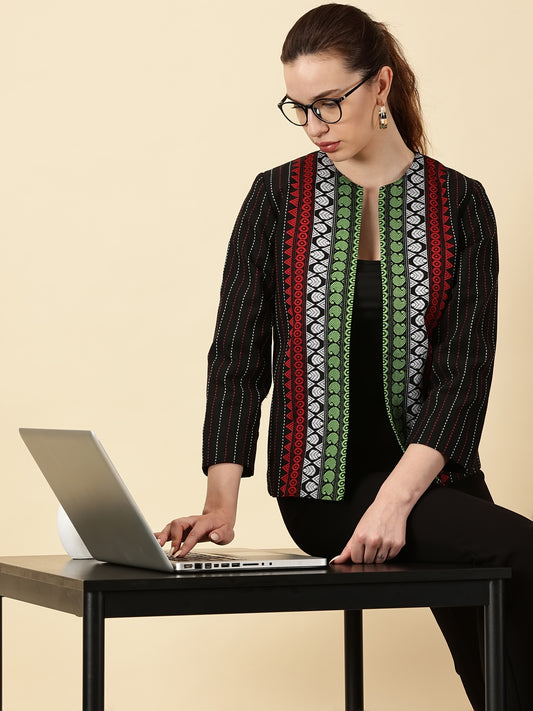 Handwoven Open Front Blazer – Red & Green Border Detail Heritage Weave. Bold Vibes.