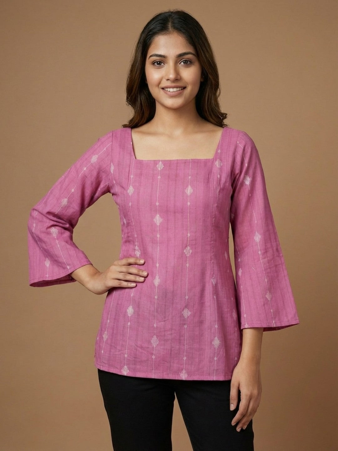Elegant Rose Pink Cotton Kurti -Square Back neck - with Bell Sleeves
