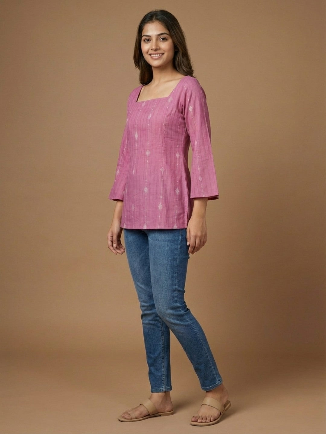 Elegant Rose Pink Cotton Kurti -Square Back neck - with Bell Sleeves