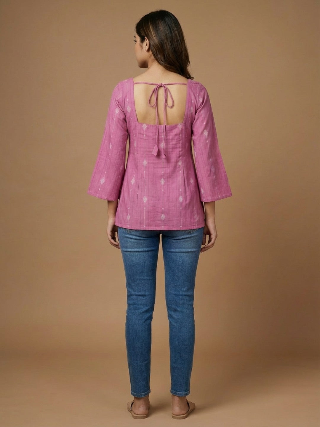 Elegant Rose Pink Cotton Kurti -Square Back neck - with Bell Sleeves