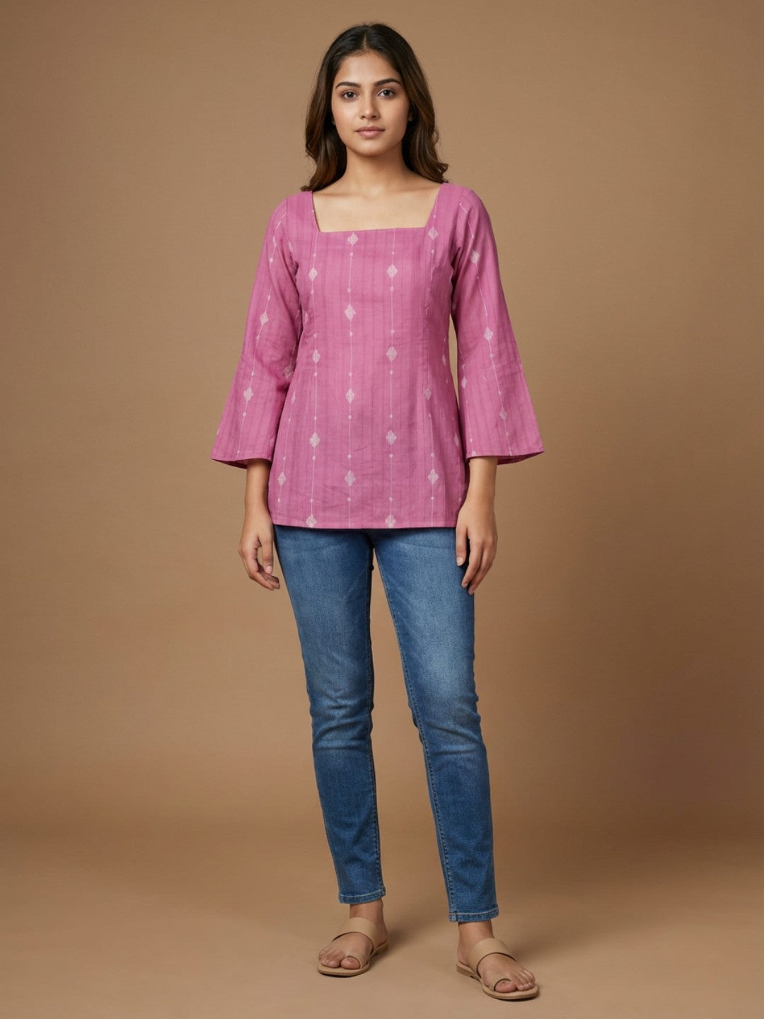 Elegant Rose Pink Cotton Kurti -Square Back neck - with Bell Sleeves