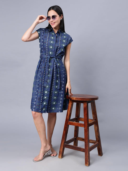 Women's Blue Printed Cotton A-Line Shirt Dress - Casual Sleeveless Button Closure