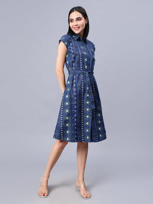 Women's Blue Printed Cotton A-Line Shirt Dress - Casual Sleeveless Button Closure