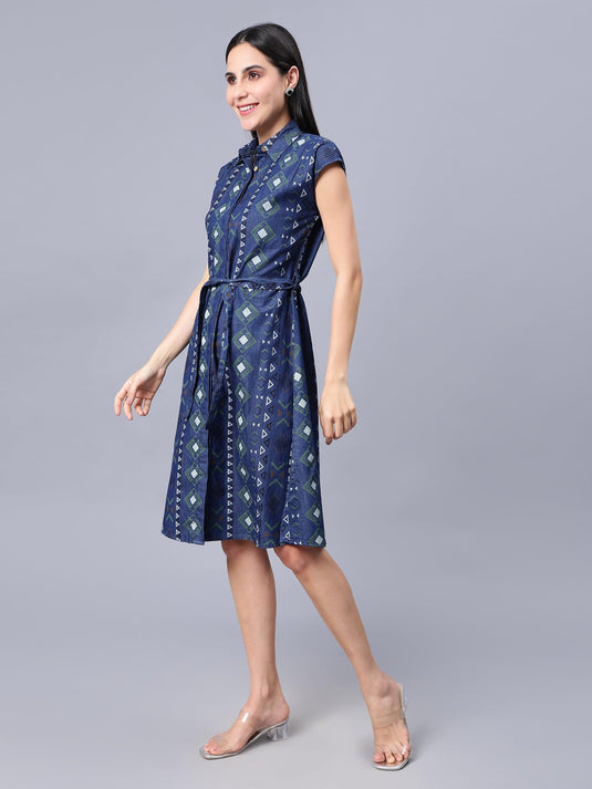 Women's Blue Printed Cotton A-Line Shirt Dress - Casual Sleeveless Button Closure