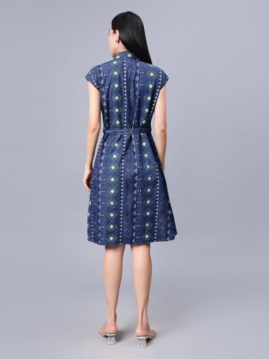 Women's Blue Printed Cotton A-Line Shirt Dress - Casual Sleeveless Button Closure