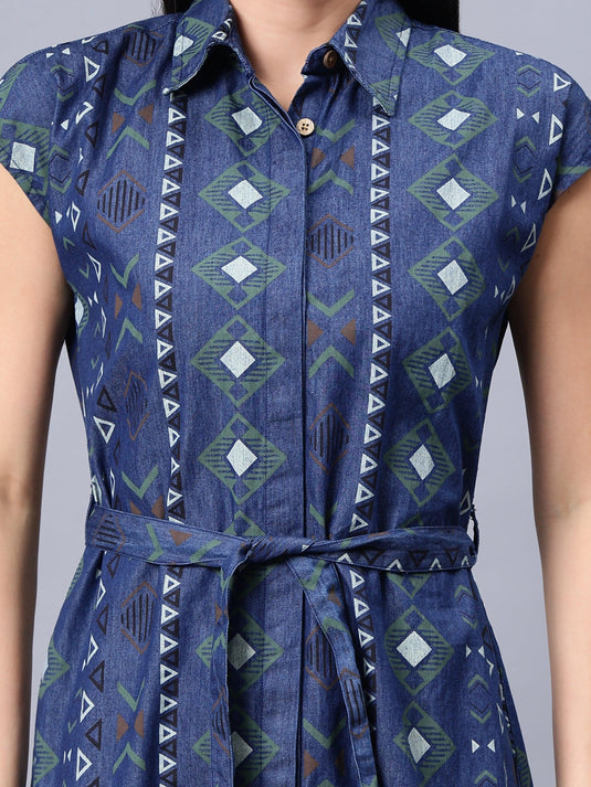 Women's Blue Printed Cotton A-Line Shirt Dress - Casual Sleeveless Button Closure