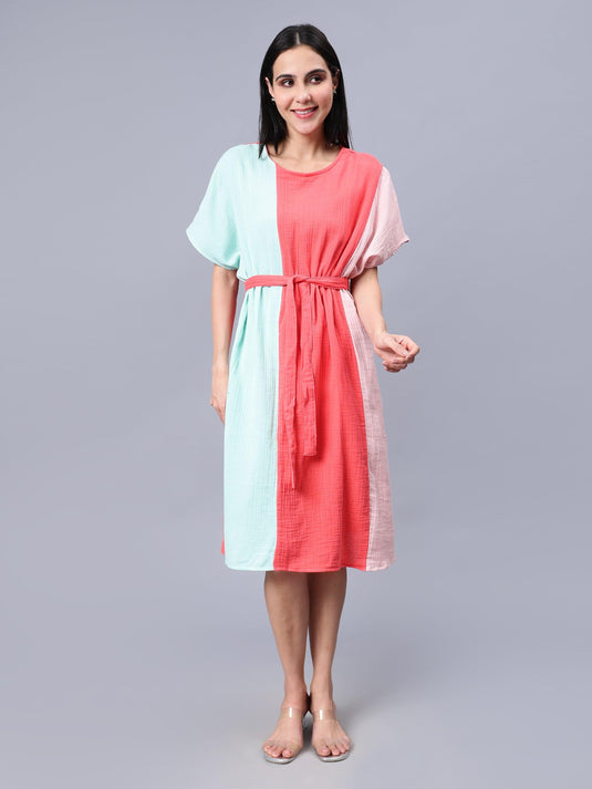 Women's Multi-Colored Cotton Colourblocked Kaftan Dress - Casual Short Sleeves Round Neck