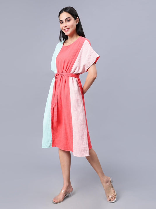 Women's Multi-Colored Cotton Colourblocked Kaftan Dress - Casual Short Sleeves Round Neck