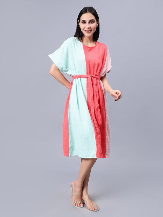 Women's Multi-Colored Cotton Colourblocked Kaftan Dress - Casual Short Sleeves Round Neck