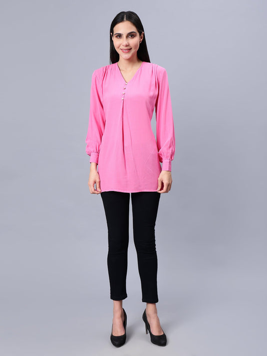 Women's Casual Pink Longline Top - Woven, Comfortable, and Stylish